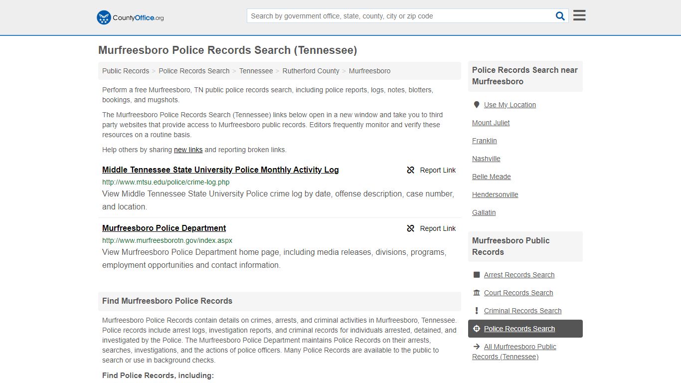 Murfreesboro Police Records Search (Tennessee) - County Office